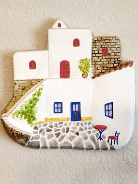 Handcrafted White Mediterranean Wall Art Plaque with Blue Accents